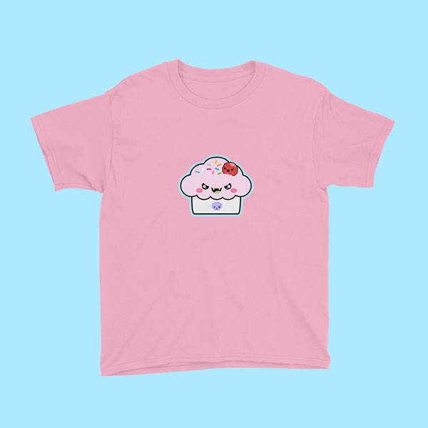 Pink shirt with a Cranky Cup for in youth size.